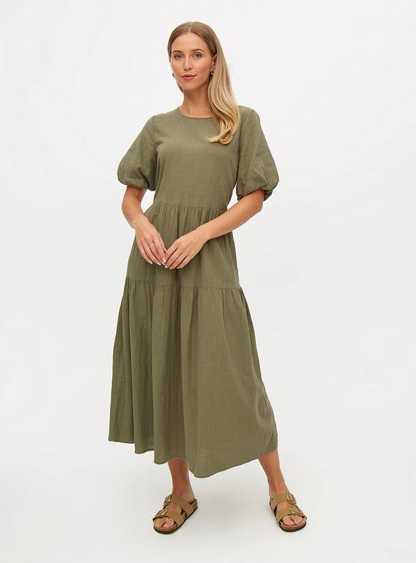 Khaki Textured Puff Sleeve Midaxi Dress 24