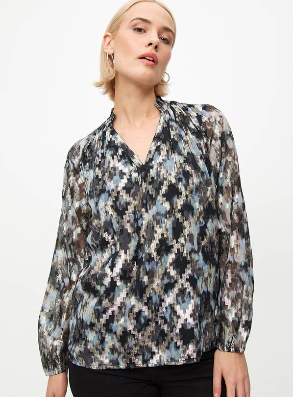Blurred Geo Shimmer Long Sleeve Popover Blouse 18
