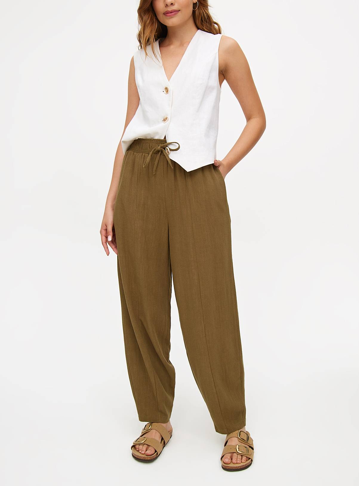 Khaki Linen Blend Barrel Leg Trousers 20 - Image 1