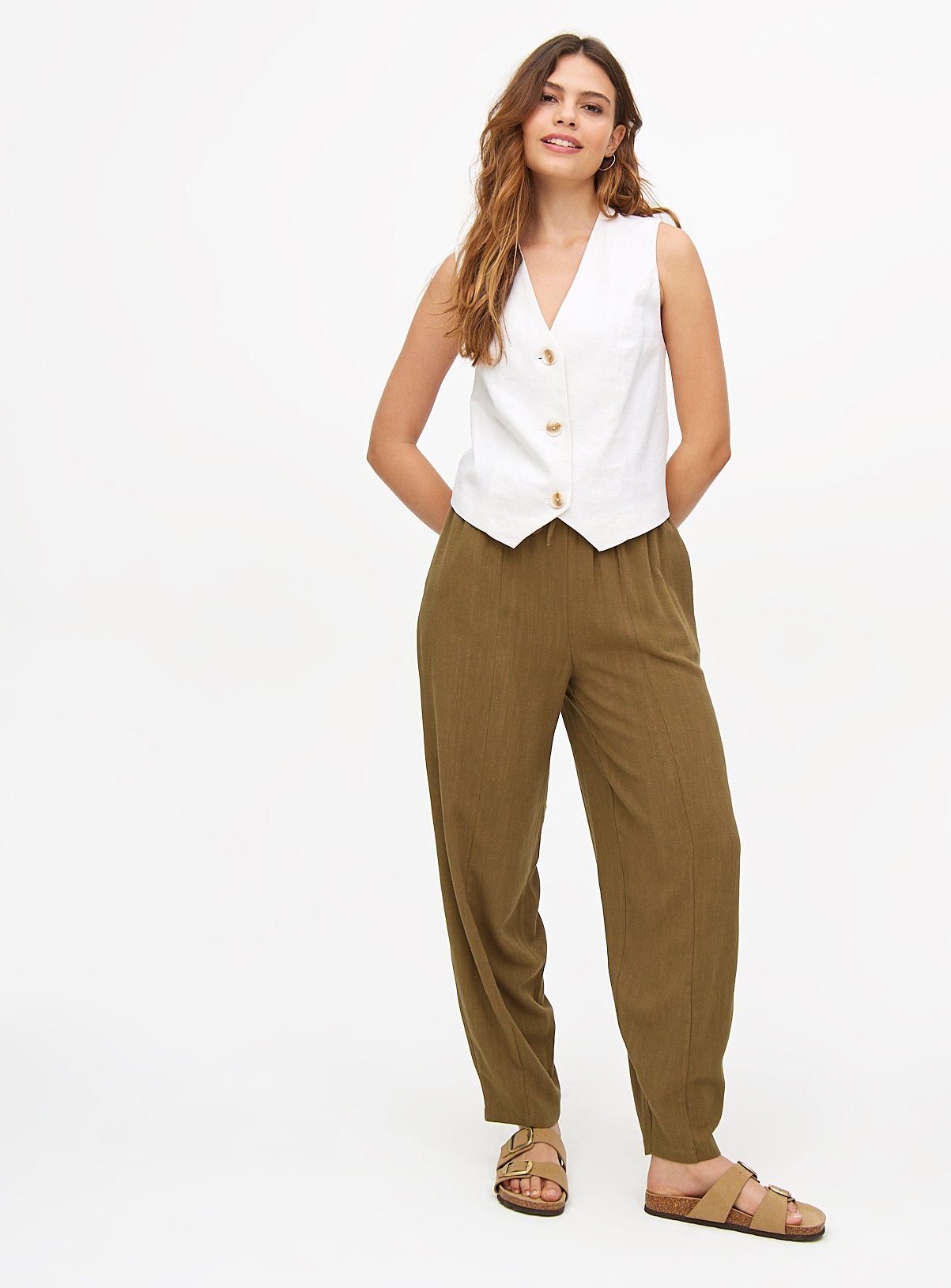 Khaki Linen Blend Barrel Leg Trousers 20 - Image 3 thumbnail