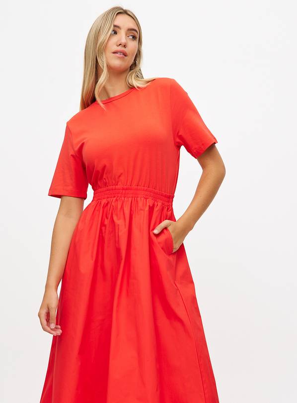 Red Poplin Short Sleeve Midaxi Dress 12