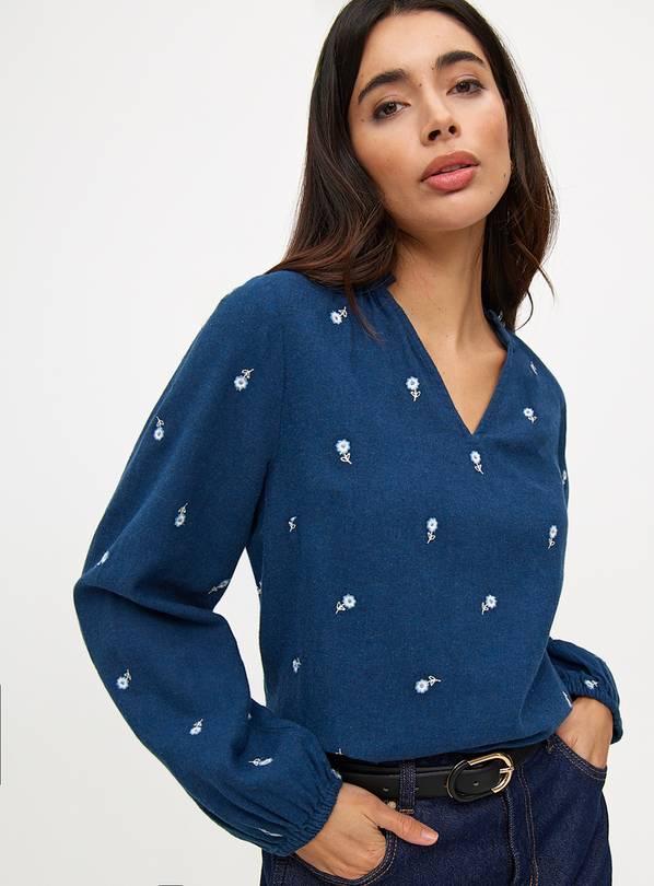 Blue Floral Embroidered Popover Blouse 20