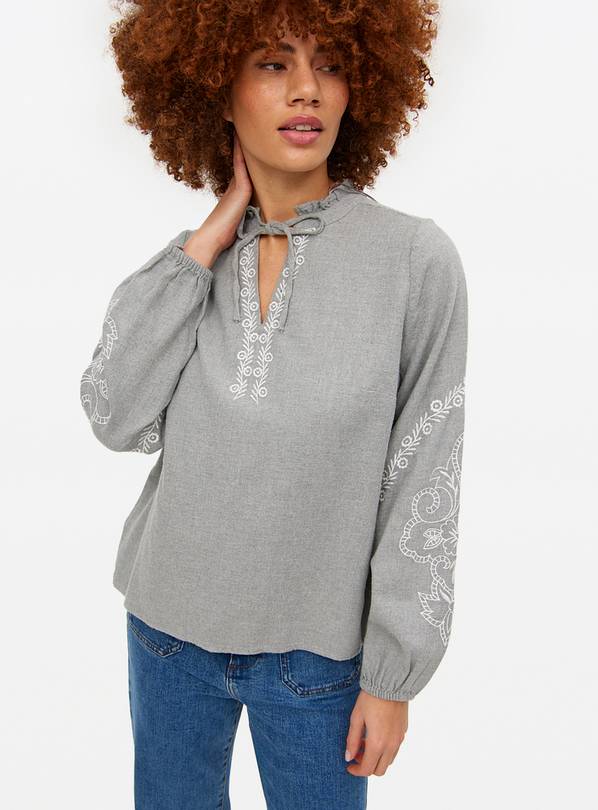 Grey Floral Embroidered Popover Blouse 10