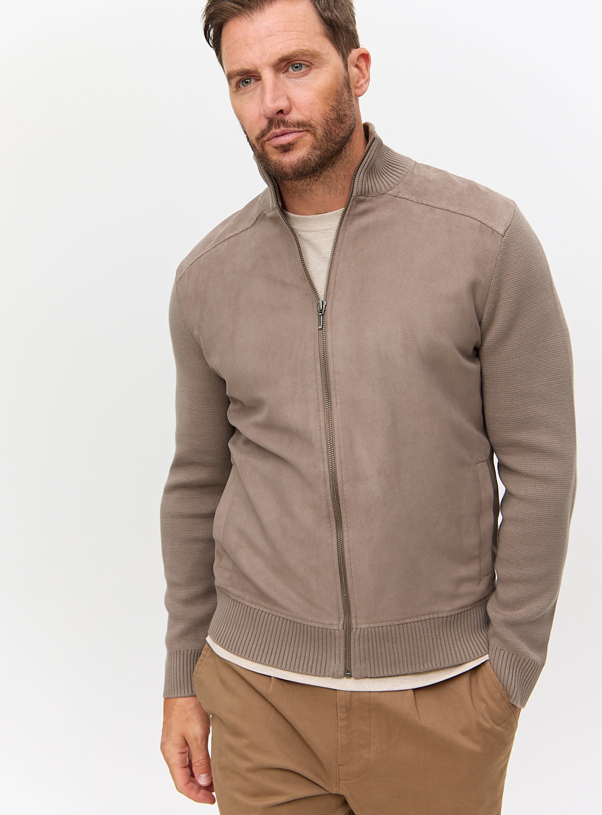 Men's Neutral Funnel Neck Zip-Through Knitted Jumper