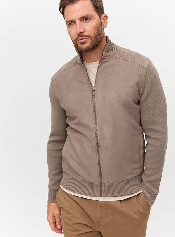 Neutral Funnel Neck Zip-Through Knitted Jumper M