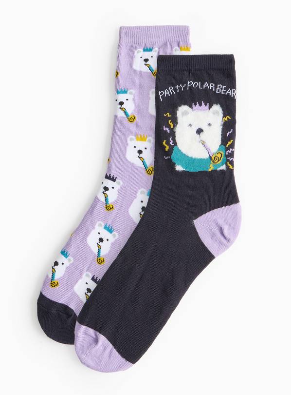 Purple Party Polar Bear Socks 2 Pack 4-8