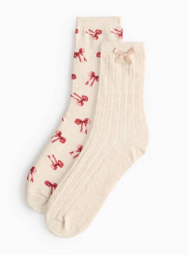 Cream Bow Print Ankle Socks 2 Pack 4-8