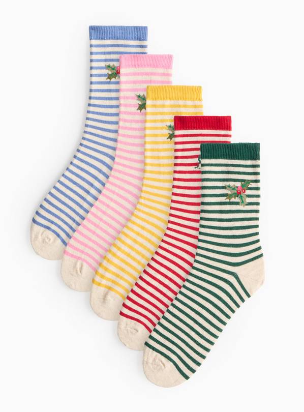 Christmas Holly Striped Ankle Socks 5 Pack 4-8