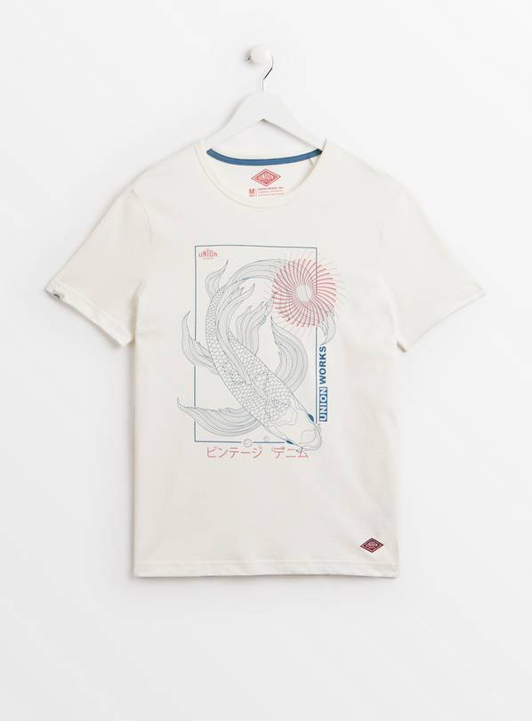 UNION WORKS Koi White Graphic Print T-Shirt L