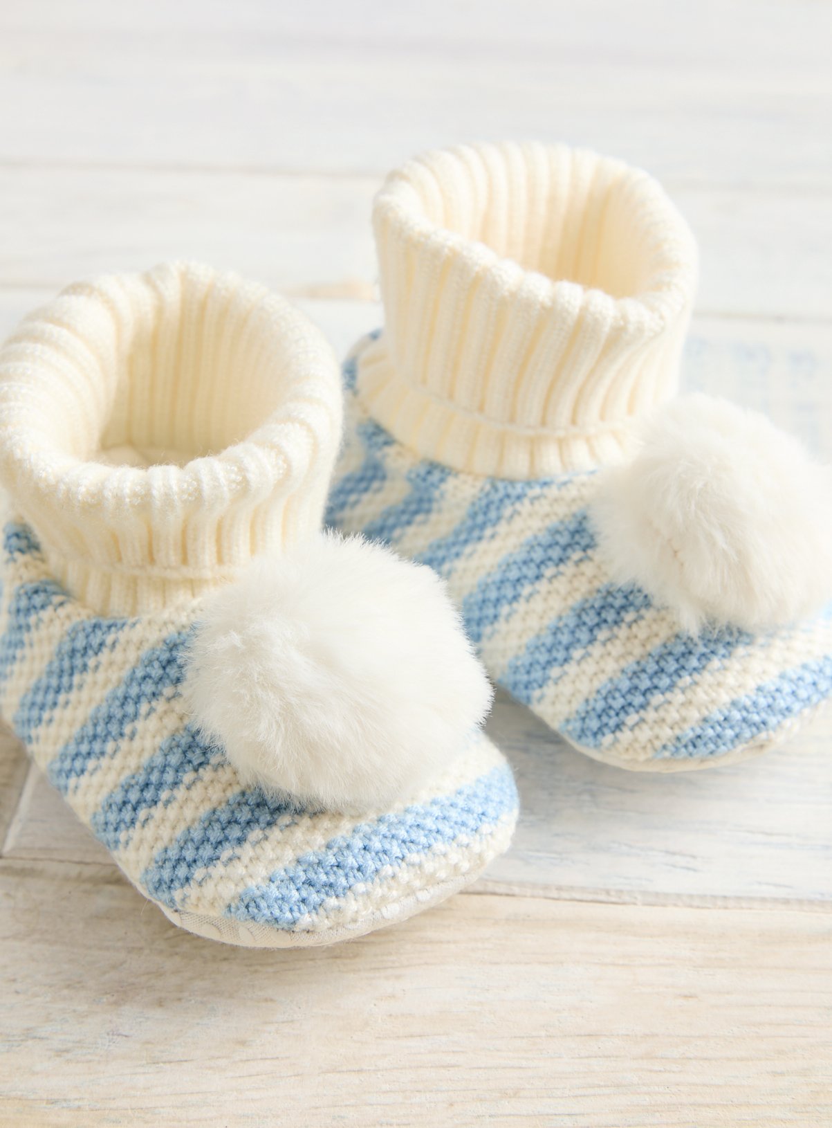 Blue Stripe Knitted Pom Pom Booties Up to 3 mths