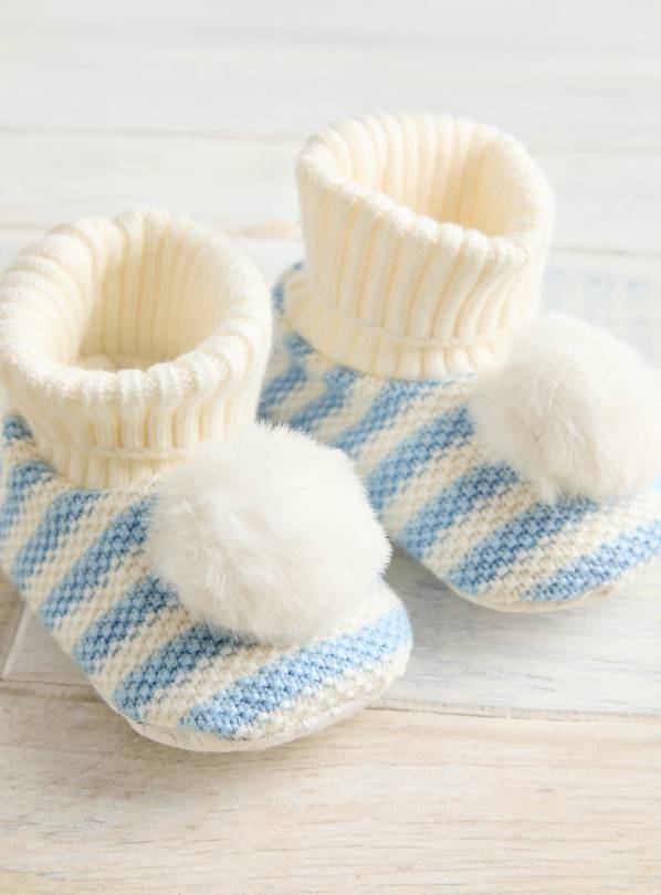 Blue Stripe Knitted Pom Pom Booties 9-12 months