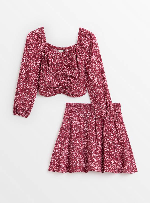 Red Floral Print Long Sleeve Top & Skirt Set 9 years