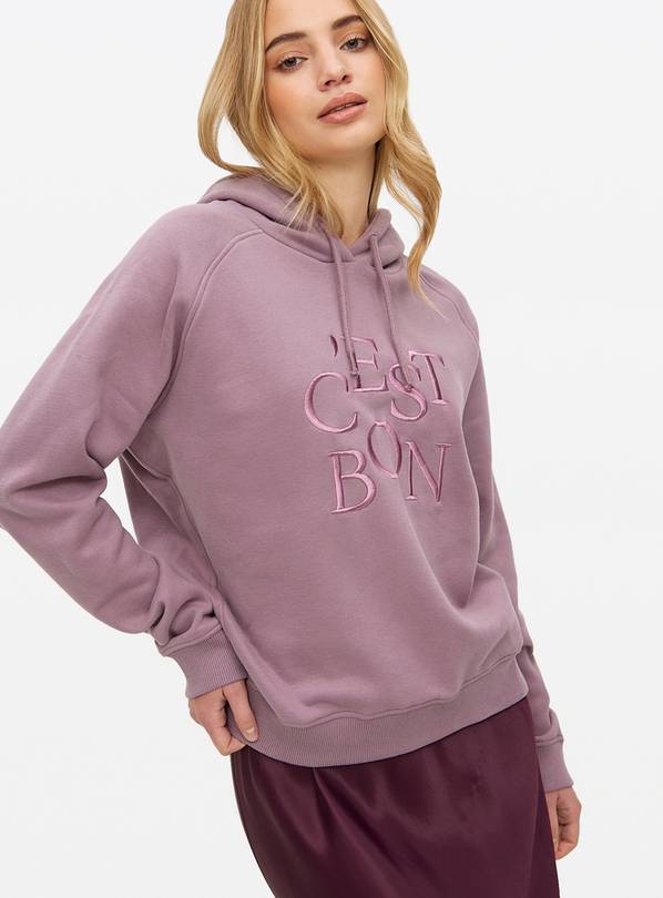 Lilac C'est Bon Embroidery Slogan Hoodie L