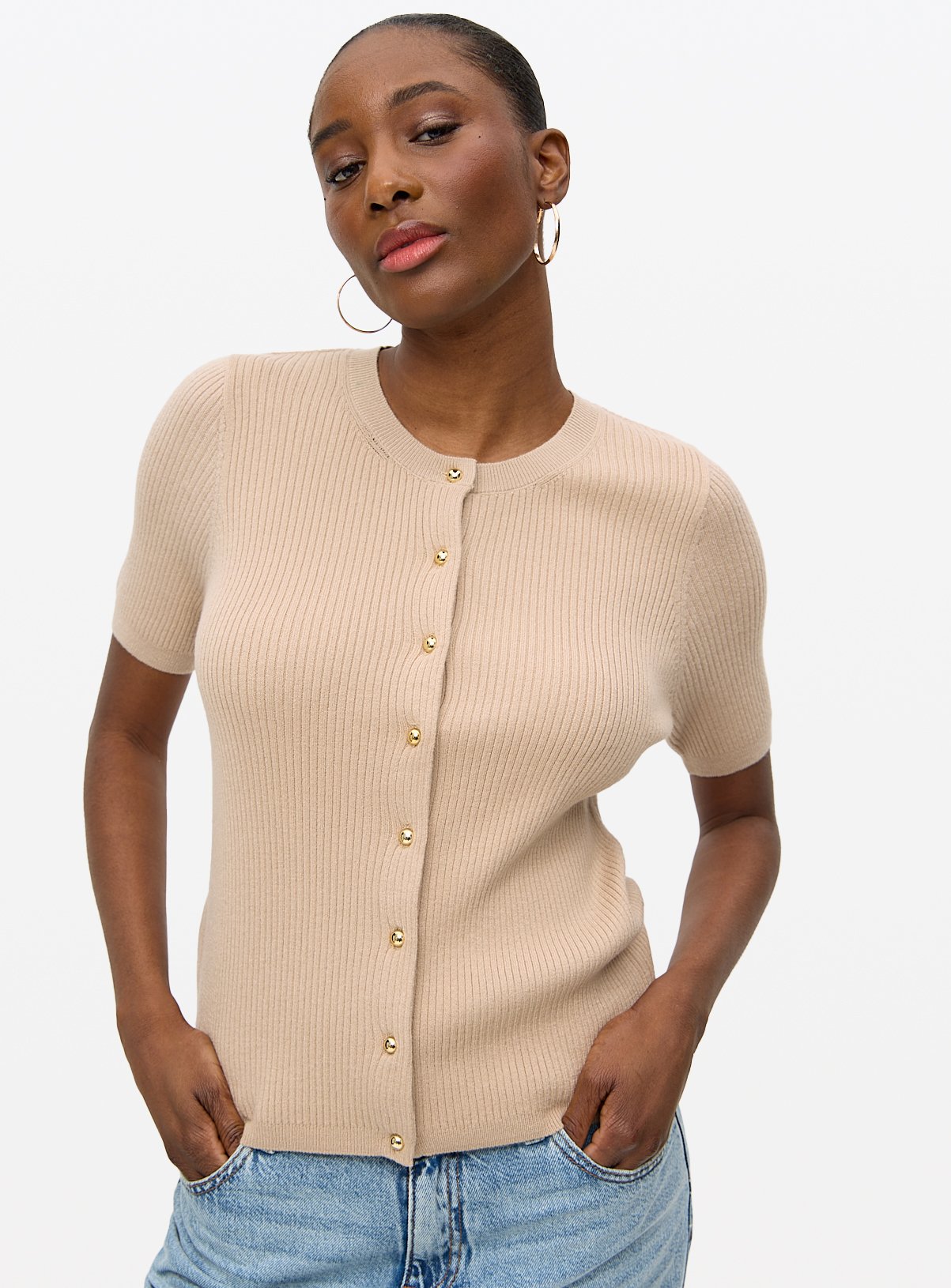Camel Ribbed Short Sleeve Cardigan 14 - Image 1 thumbnail