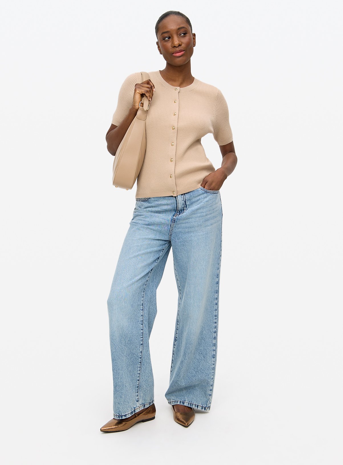Camel Ribbed Short Sleeve Cardigan 14 - Image 2 thumbnail