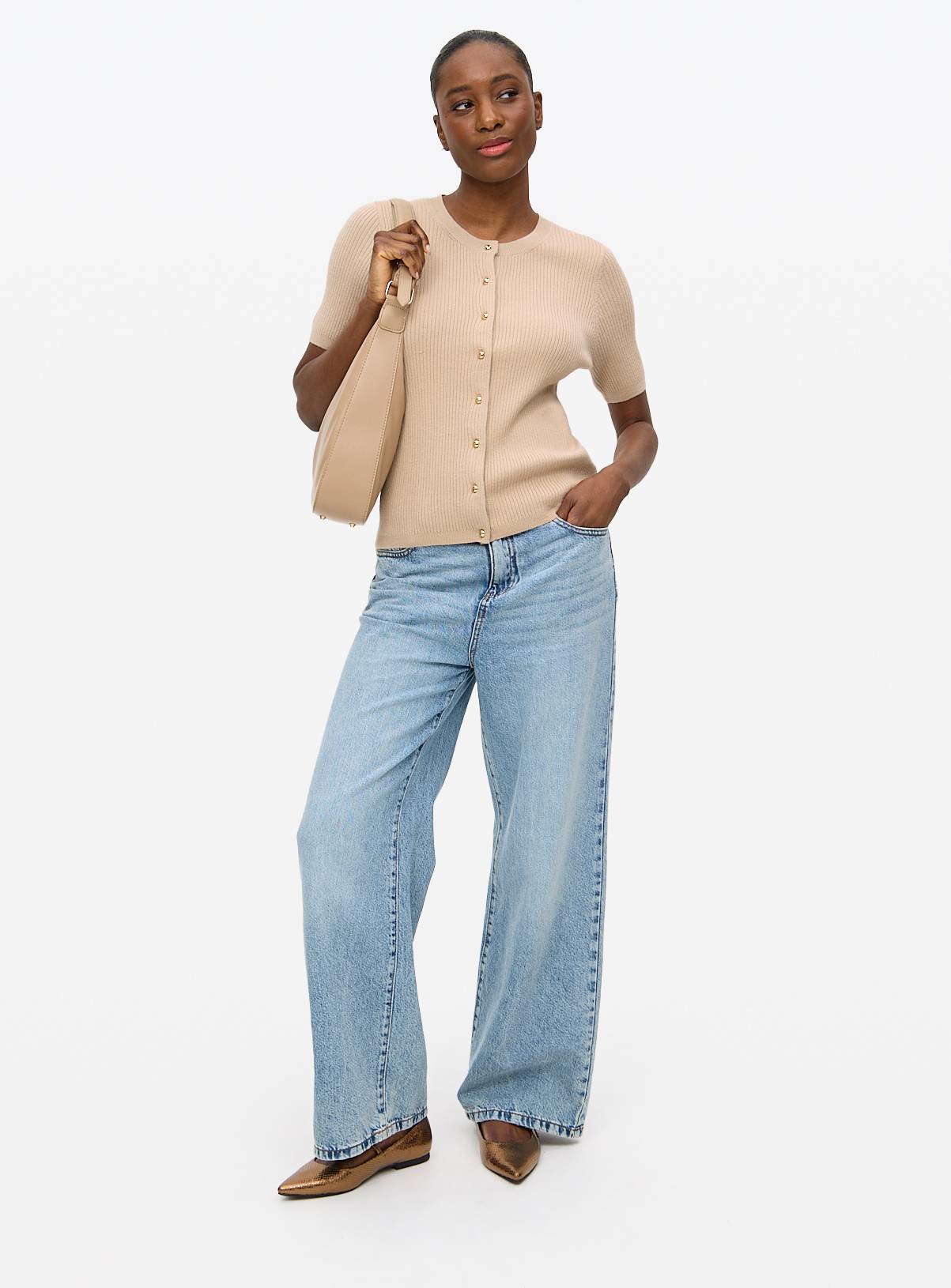Camel Ribbed Short Sleeve Cardigan 14 - Image 2