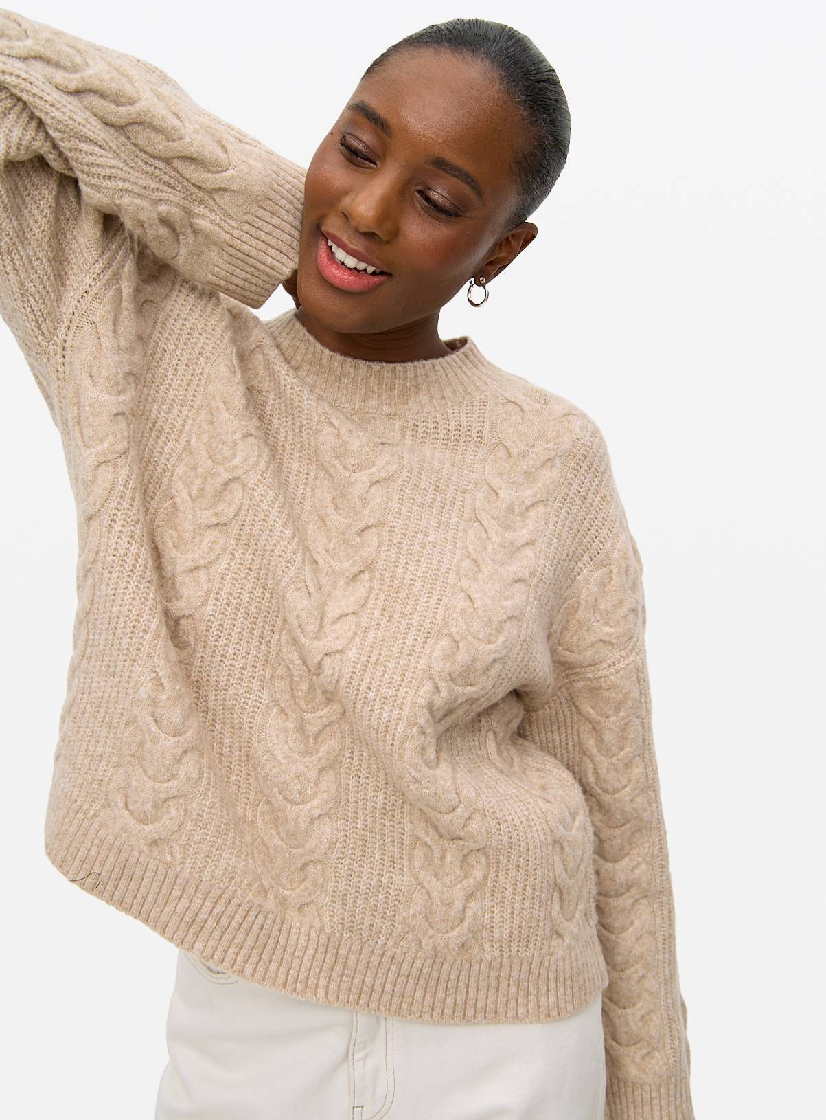 Camel Crew Neck Cable Knit Jumper 16 - Image 1