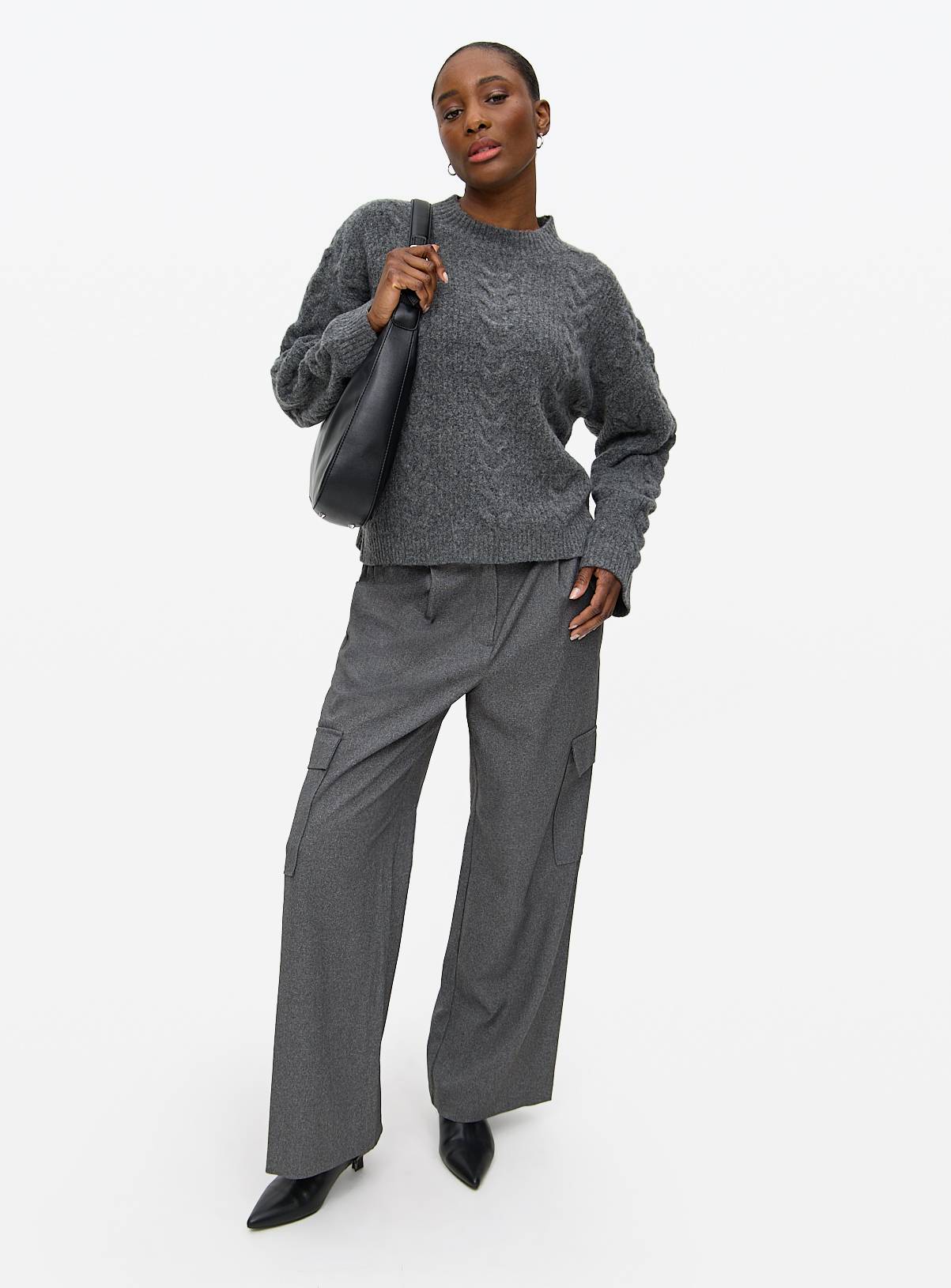 Charcoal Crew Neck Cable Knit Jumper 22 - Image 2