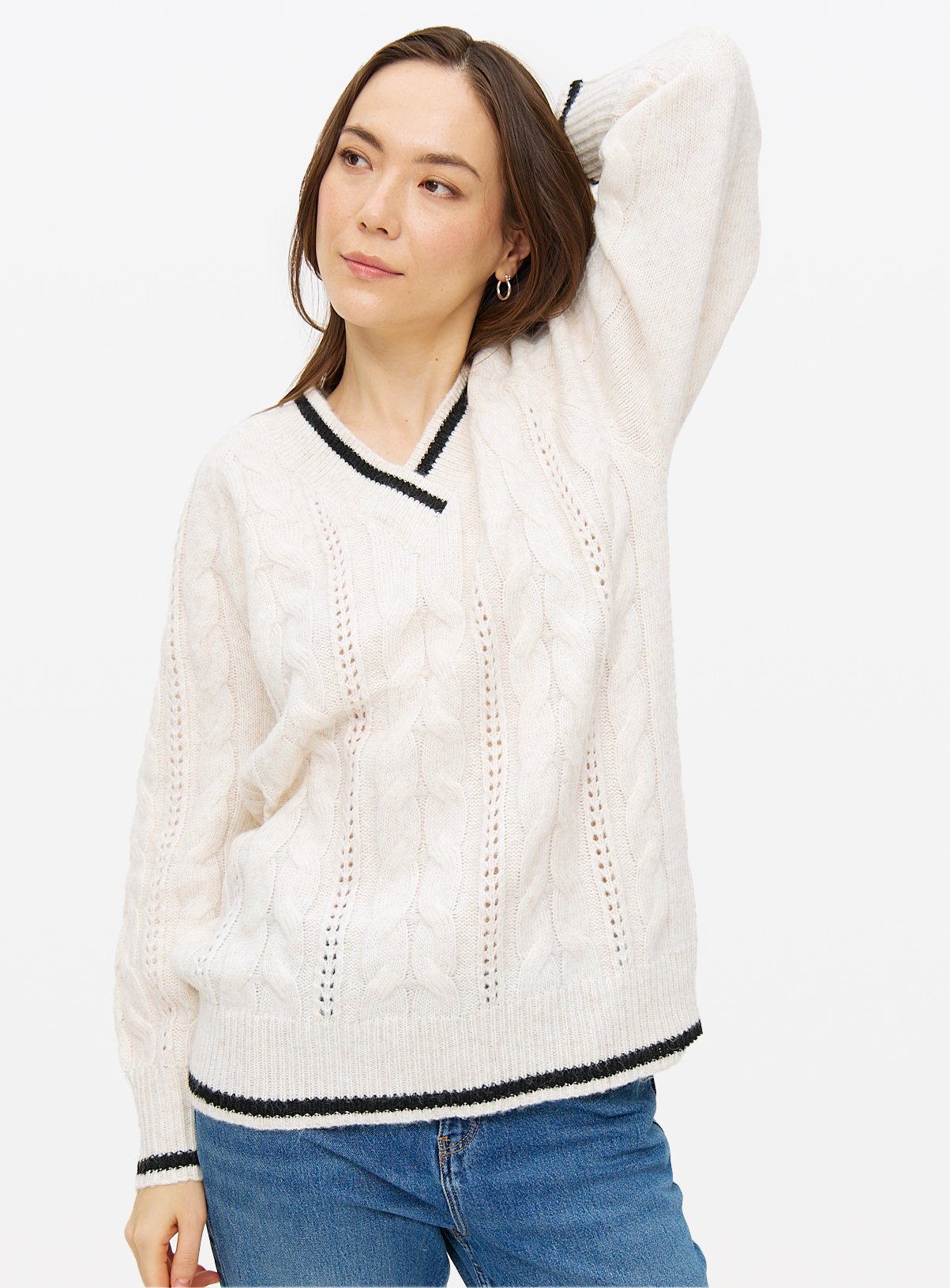 Cream Cable Knit Tipped V Neck Jumper 16 - Image 1 thumbnail