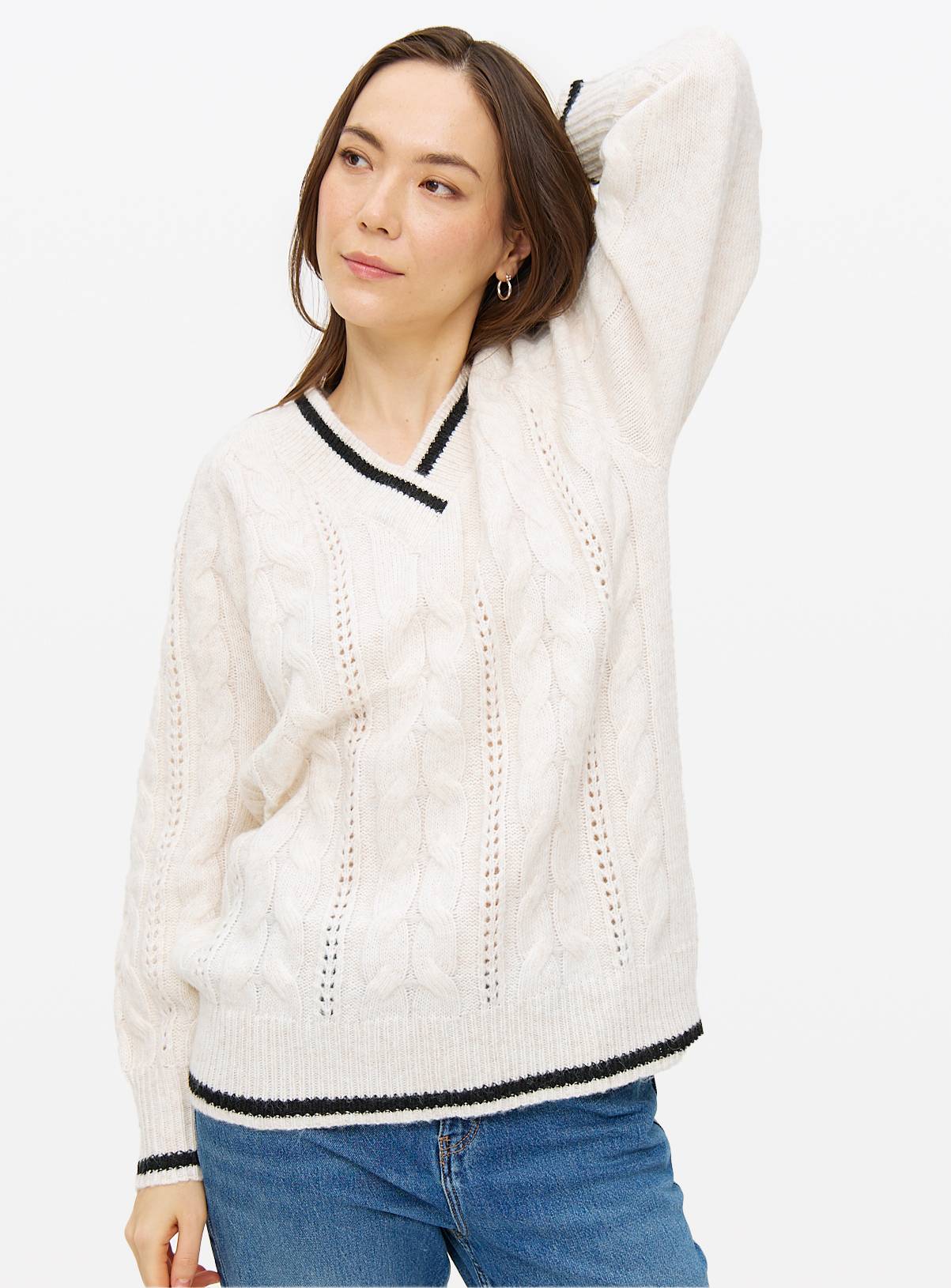 Cream Cable Knit Tipped V Neck Jumper 16 - Image 1