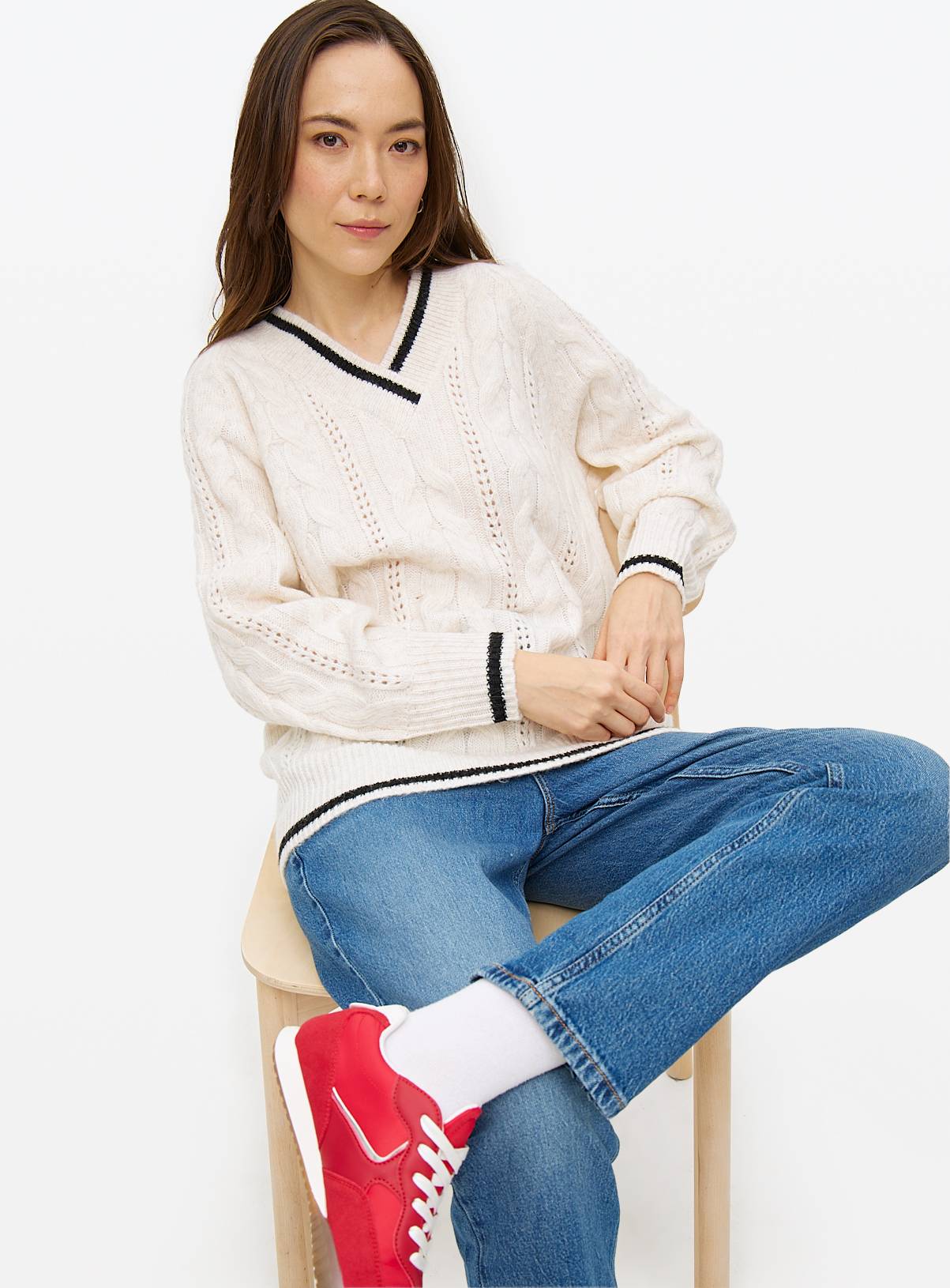 Cream Cable Knit Tipped V Neck Jumper 16 - Image 2