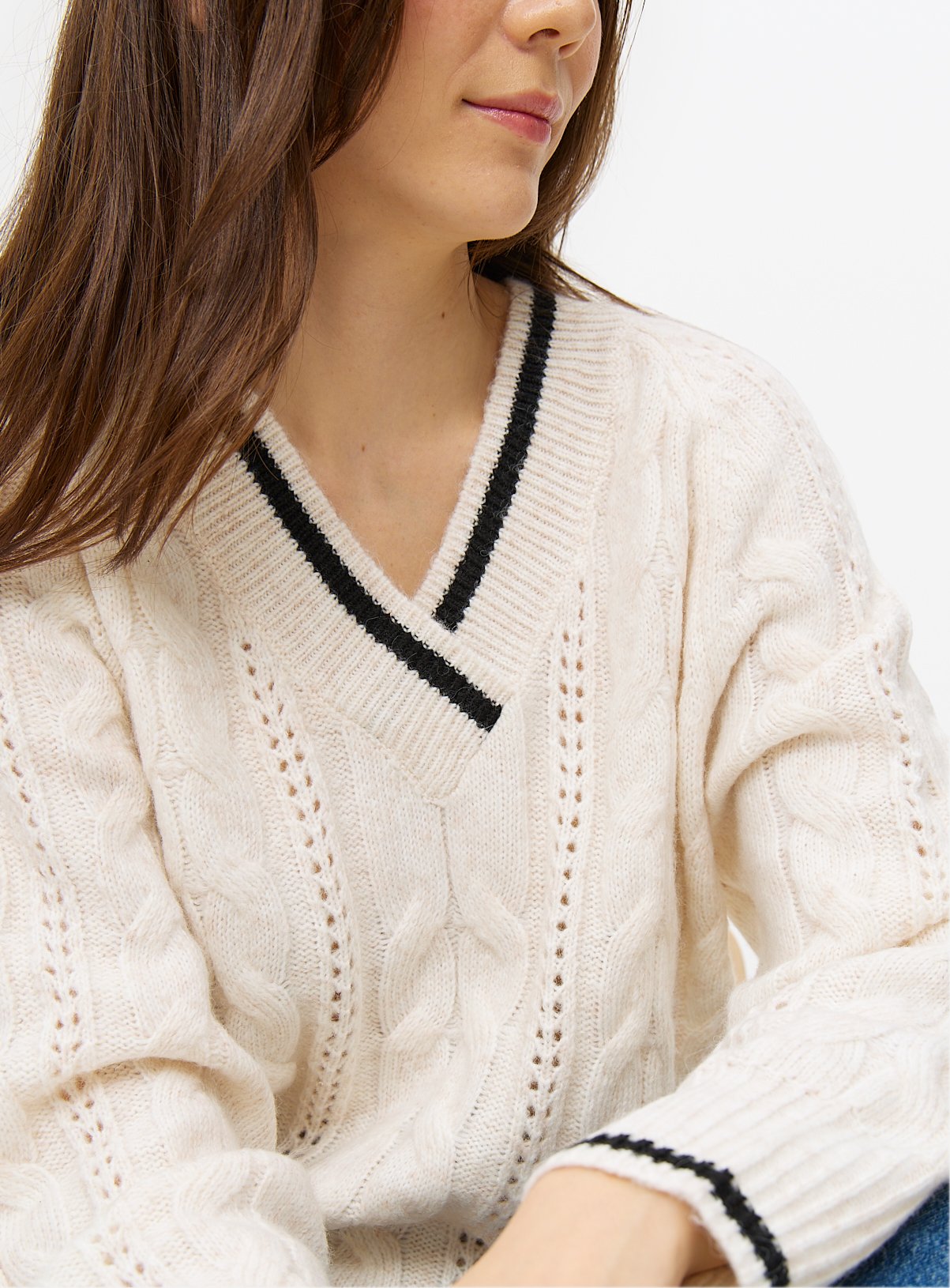 Cream Cable Knit Tipped V Neck Jumper 16 - Image 3 thumbnail