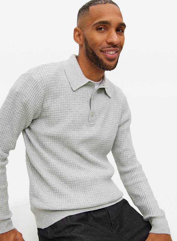 Grey Waffle Knit Polo Jumper L