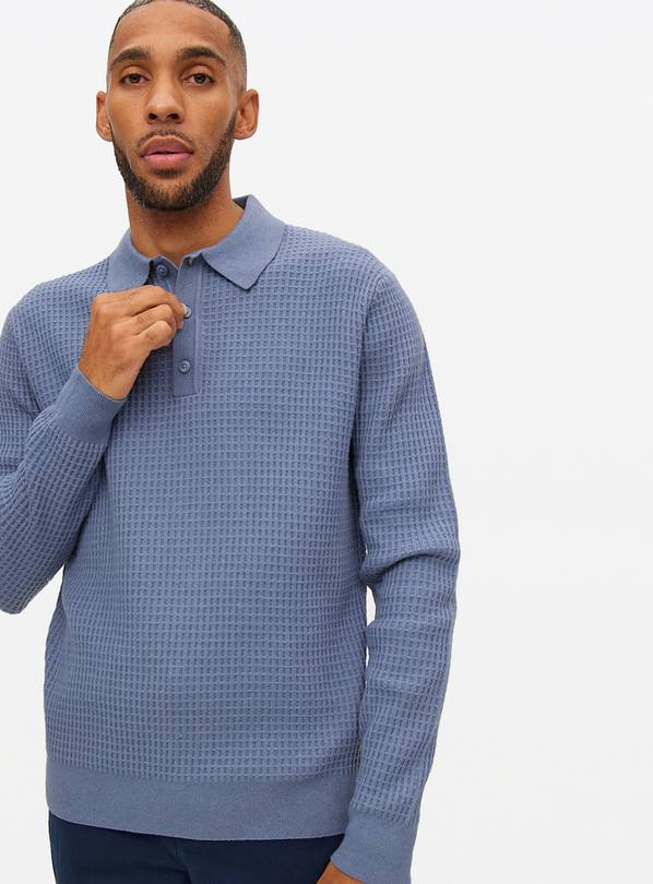 Blue Waffle Knit Polo Jumper XXL