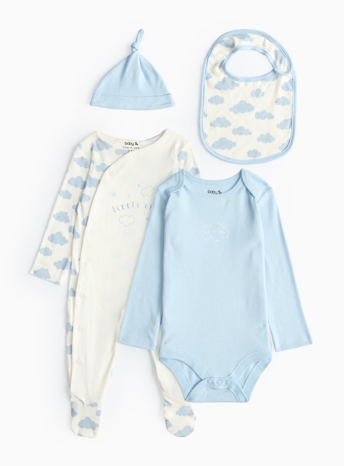 Blue Cloud Print Sleepsuit, Bodysuit, Hat & Bib Set 3-6 months