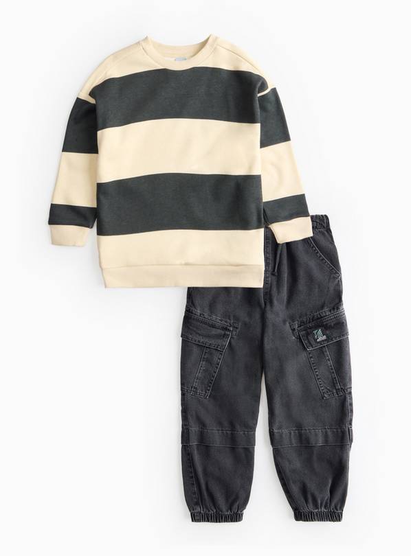 Stripe Sweatshirt & Denim Cargo Trouser Set 8 years