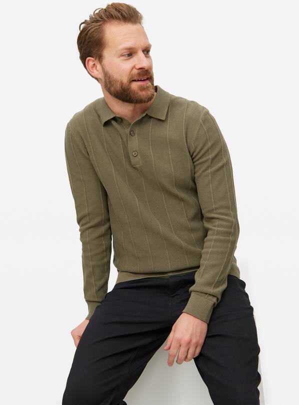 Khaki Ribbed Stripe Knitted Polo Jumper XXXL