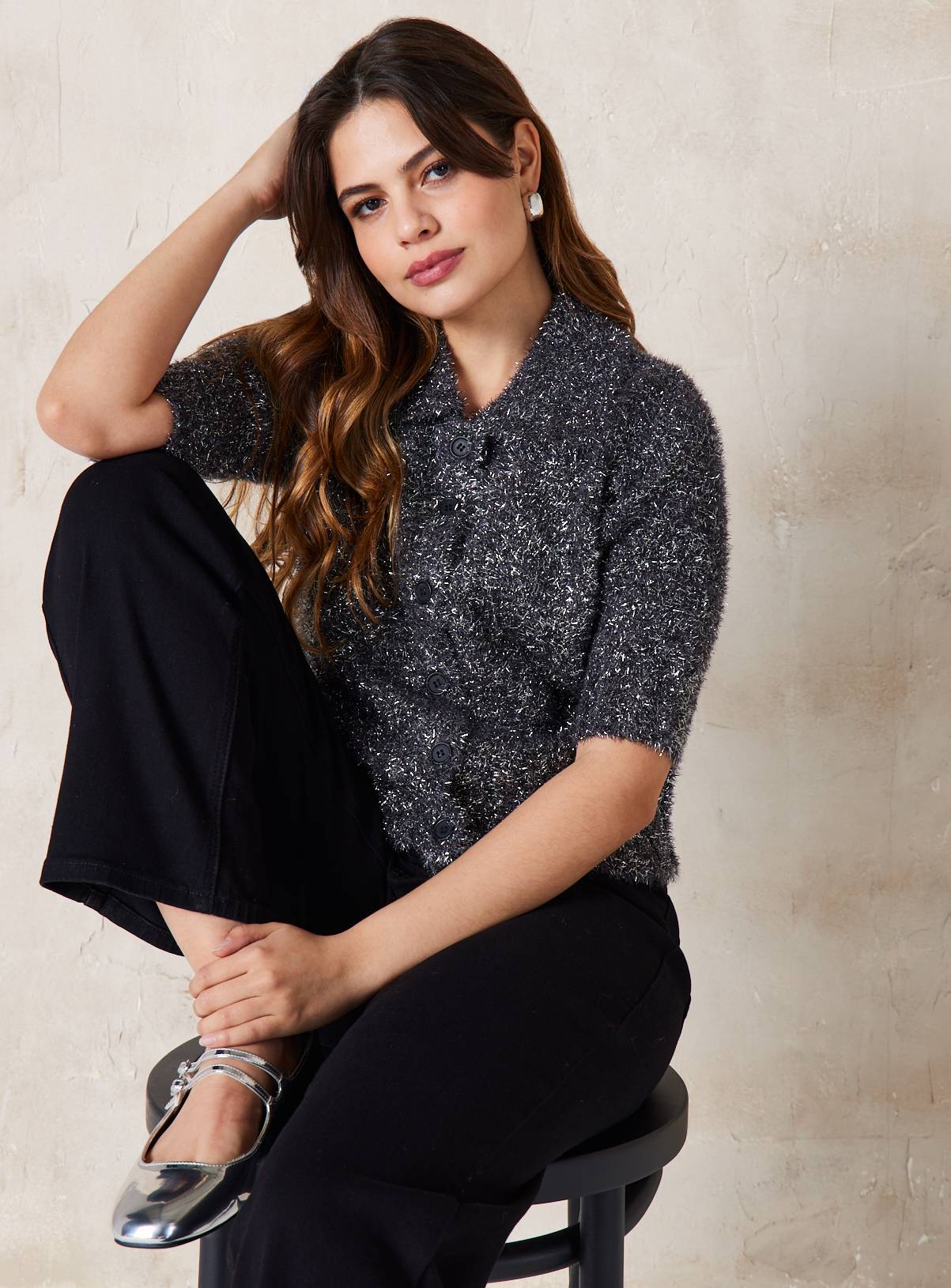 EVERBELLE Charcoal Tinsel Short Sleeve Button Cardigan XS - Image 3
