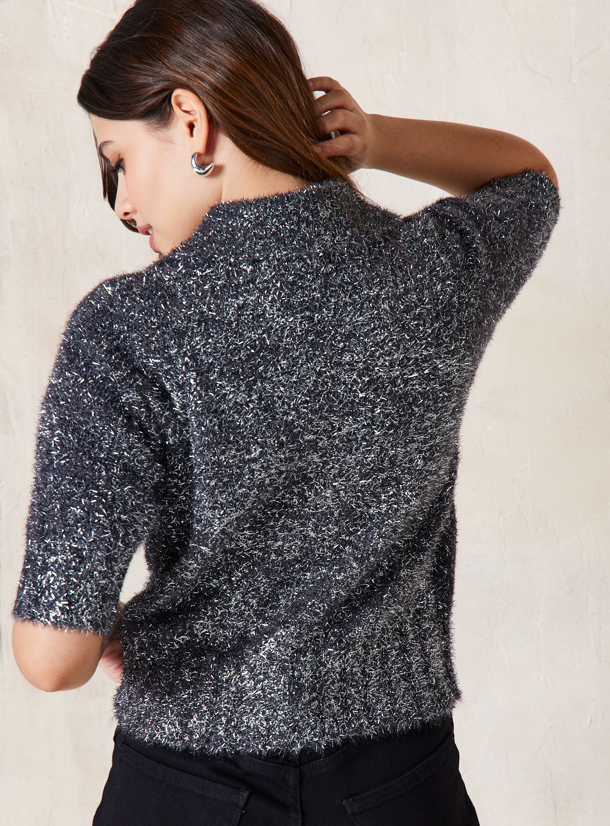 EVERBELLE Charcoal Tinsel Short Sleeve Button Cardigan XS - Image 4 thumbnail