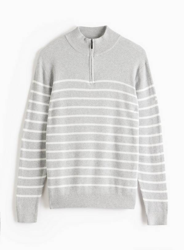 Grey Stripe Knitted Quarter Zip Jumper M