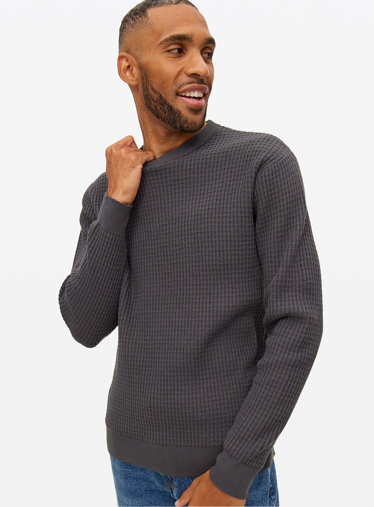 Men's Charcoal Waffle Knit Crew Jumper
