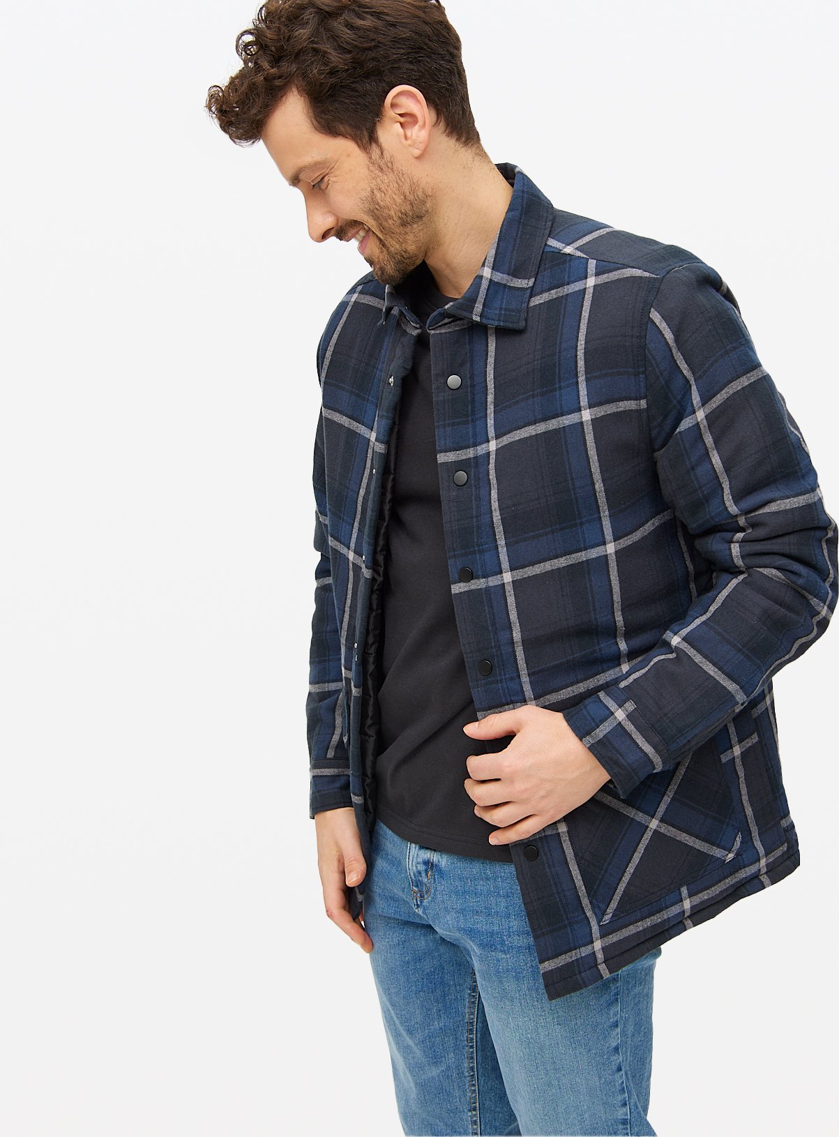 Men's Black Blue Check Lined Shacket