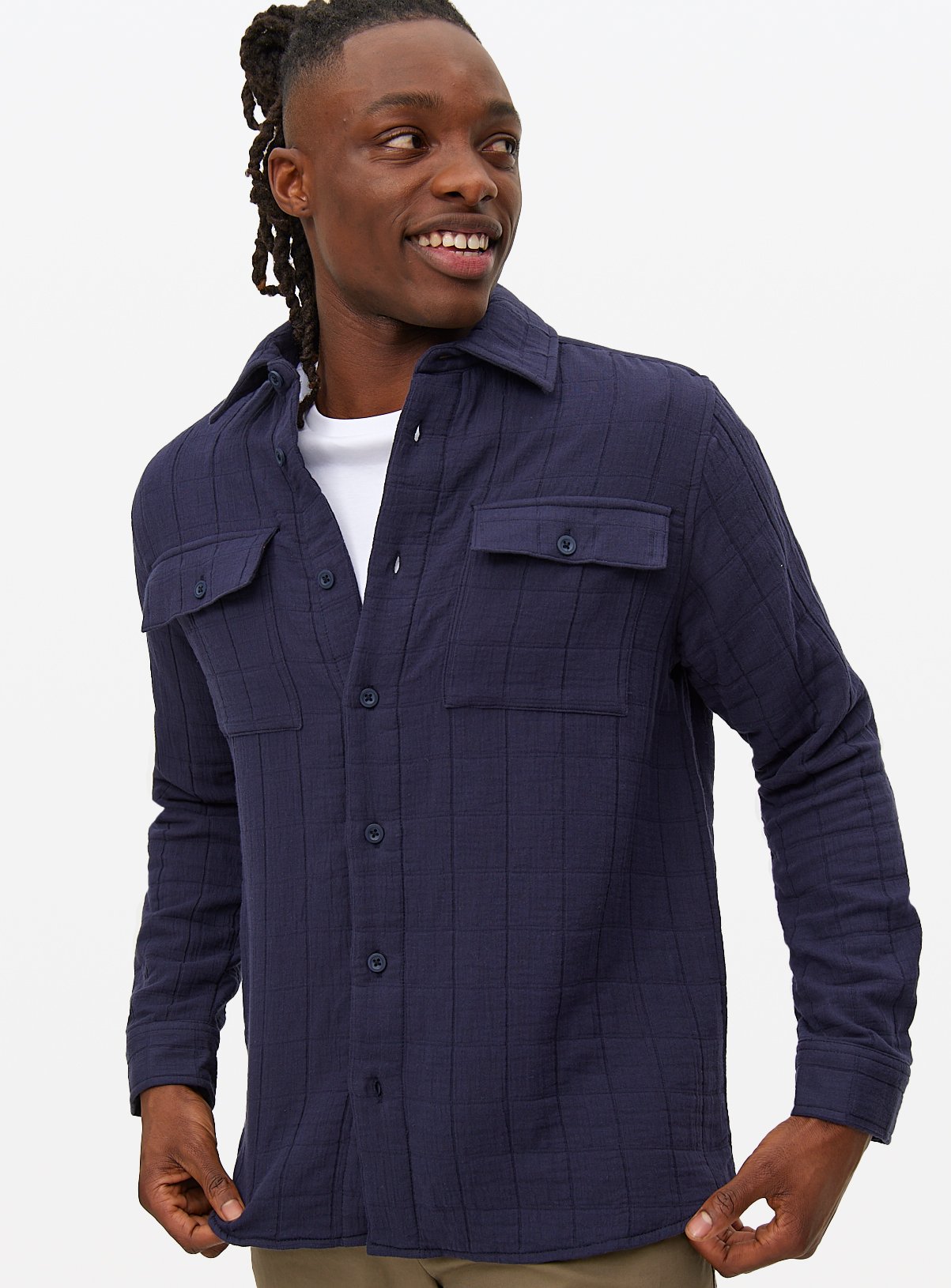 Men's Navy Grid Stitch Overshirt