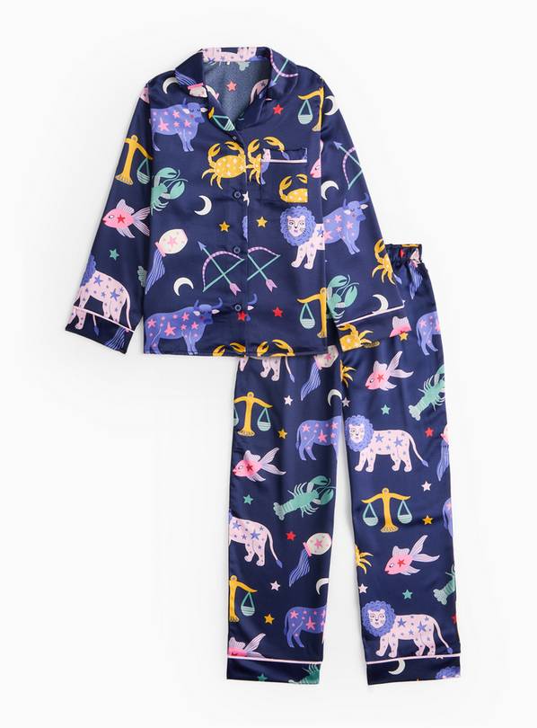 Navy Zodiac Print Satin Traditional Pyjamas 5-6 years