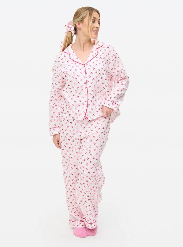 Cherry Print Double Cloth Traditional Pyjamas With Scrunchie L