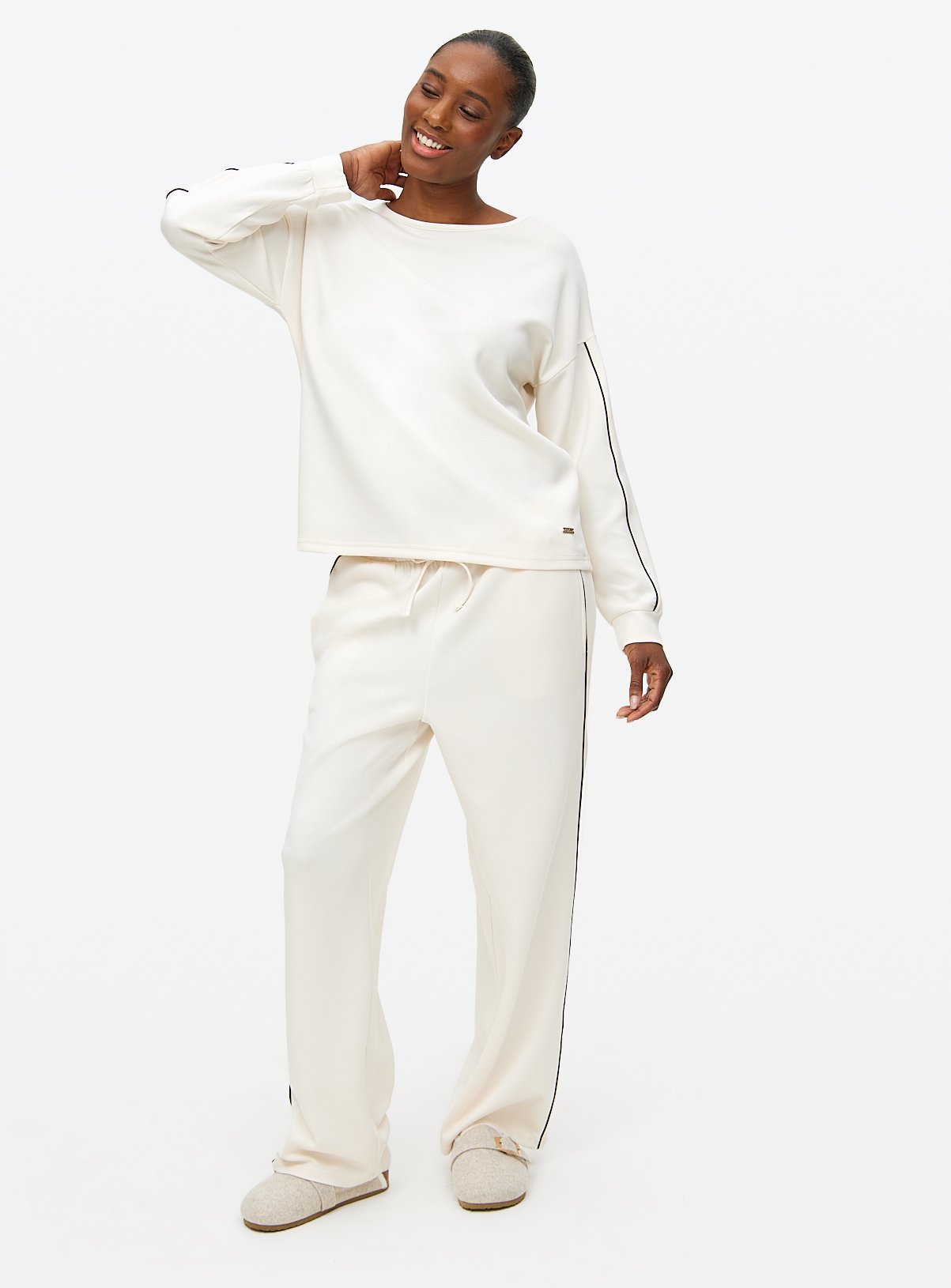 Cream Contrast Piping Scuba Co-ord Pyjama Botttoms S