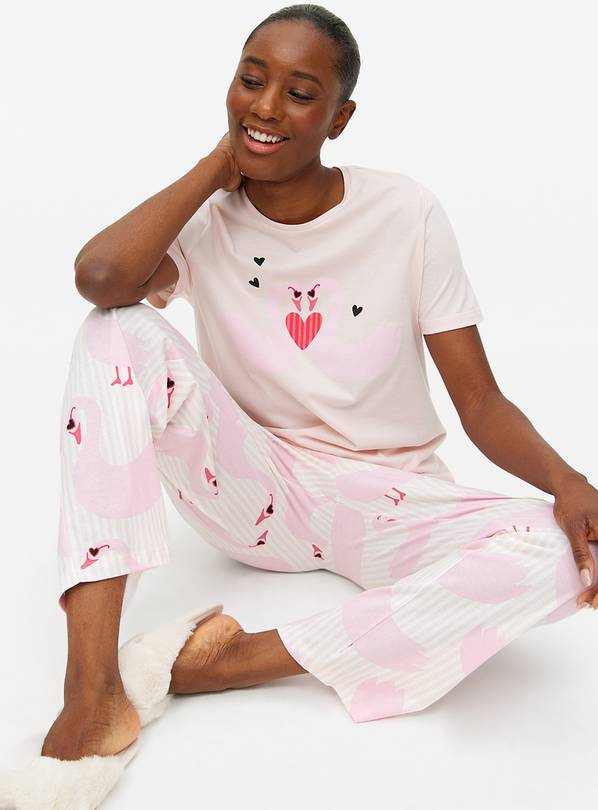 Pink Heart Swan Printed Jersey Pyjamas XL