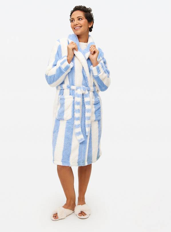 Blue Stripe Fluffy Fleece Dressing Gown S