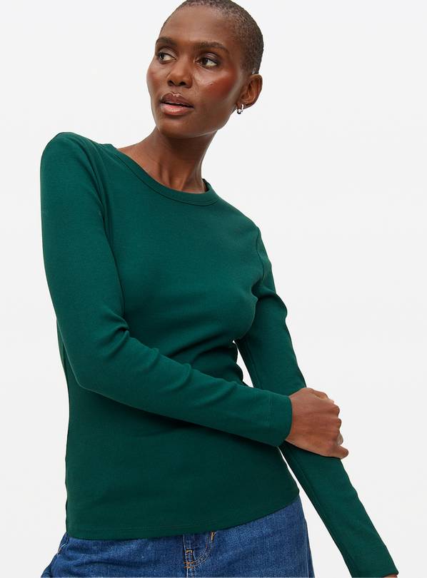  Green Ribbed Crew Neck Long Sleeve T-Shirt 26