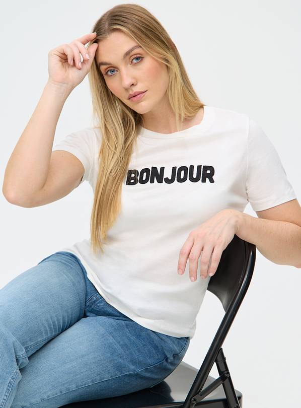 White Bonjour Slogan T-Shirt 20