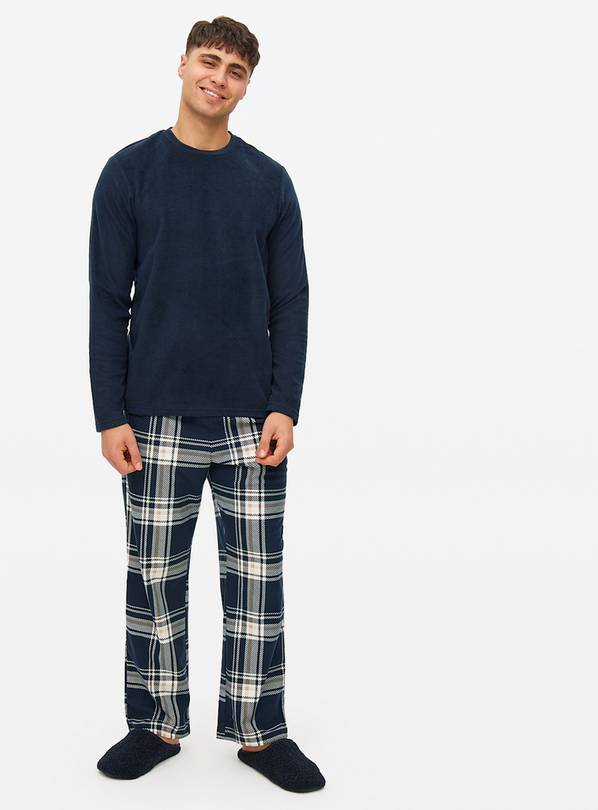 Navy Check Fleece Pyjama Set L