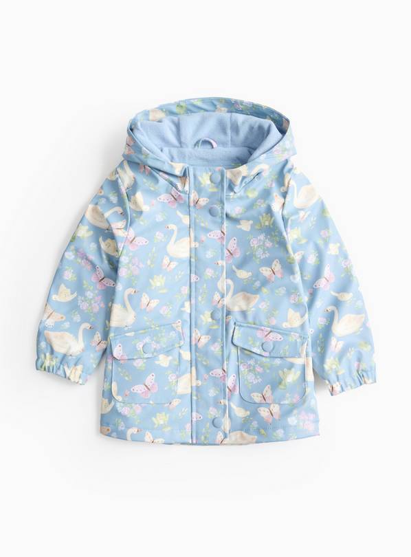 Light Blue Swan Print Rubberised Mac 1-2 years