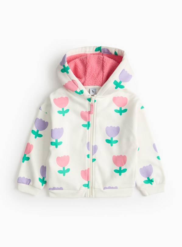 White Floral Print Zip Through Hoodie  1-2 years