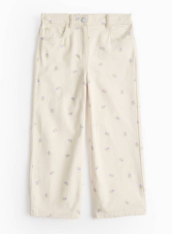 Cream Wide Leg Jeans With Floral Print 14 years