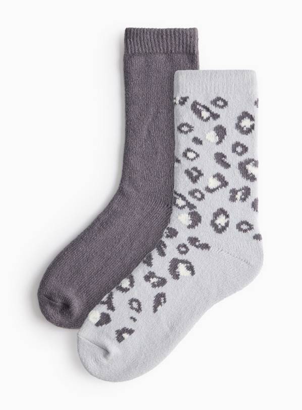 Grey Leopard Print Cosy Socks 2 Pack 4-8