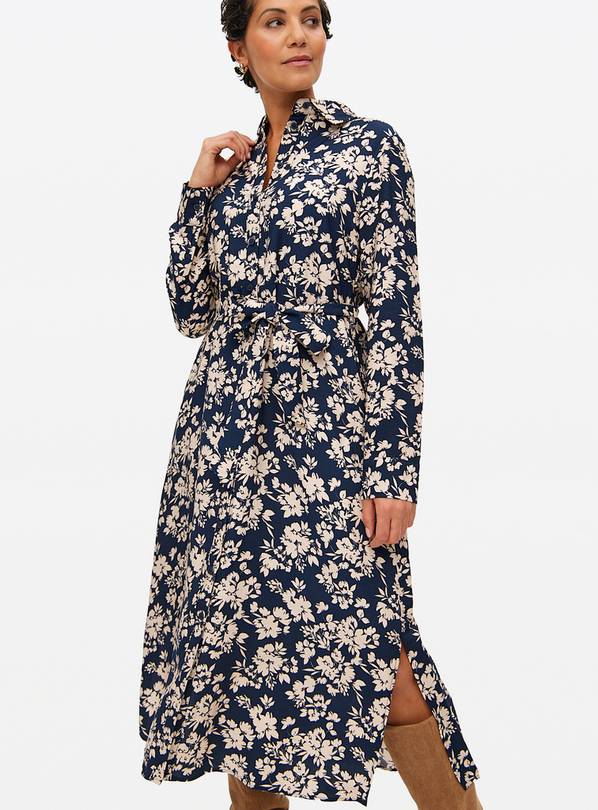 Navy Floral Tie-Waist Midaxi Shirt Dress 16